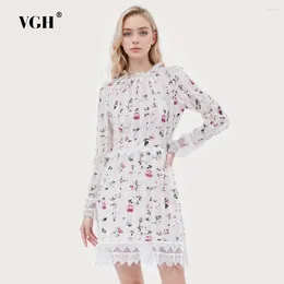 Casual Dresses VGH Hit Color Printing Patchwork Lace Dress For Women Stand Collar Long Sleeve High Waist Spliced Zipper Female Fashion