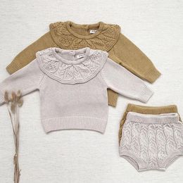Clothing Sets Autumn Cute Kids Baby Girls Long Sleeve Hollow Out Knit Sweater Shorts Suit Infant Children Clothes