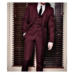 One Button Burgundy Groom Tuxedos 2019 Notched Lapel Men Suits Wedding Prom Best Man Blazer Jacket Pants Tie Vest 238S