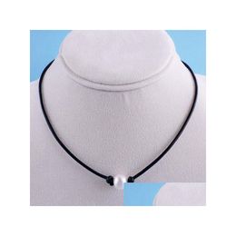 Pendant Necklaces Women Single Pearl Leather Choker Necklace On Genuine Black Cord Jewlerry For Ing Drop Delivery Jewelry Pen Dhgarden Dh6W3