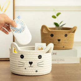 1pc Cartoon Cat Hand Woven Storage Basket Kids Toys Desktop Organizer Sundries Box Laundry Baskets 2112CM 1Pcs 240424