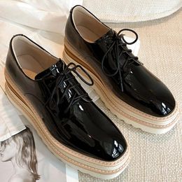 Casual Shoes Women's Genuine Leather Thick Sole Wedge Platform Flats Oxfords Leisure Soft Comfortable Square Toe Punk Sneakers