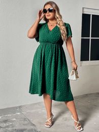 Plus size Dresses Plus Size Surplice Neck Swiss Dot A-Line Dress Women Vacation Casual Summer Boho Elastic Waist Large Size Elegant Midi Dresses Y240510