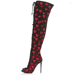 Boots Arrivals Red Crystal Over The Knee Open Toe Lace-up Gladiator Thigh High Black Suede Patchwork Celebrating Shoes