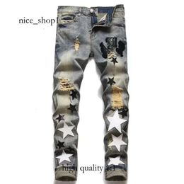 Purple Jeans Designer Mens Mens Jeans High Street Jeans for Mens Embroidery Pants Womens Oversize Ripped Patch Hole Denim Straight Fashion Streetwear Slim 3486