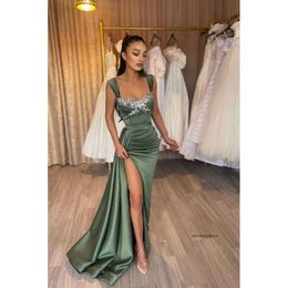 Olive Green Mermaid Prom Dress Spaghetti Stems Slit Evening Party Gown Beadings Pageant Gowns 0510
