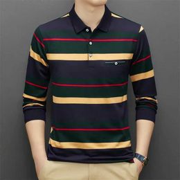 Men's Polos New Mens Casual Stripe Plaid Long Slve Polo Shirt Fashion Solid Polo Top Y240510N9U3