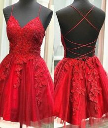 Red Lace appliques Homecoming Dresses Spaghetti Straps Beaded Short Prom Dress Mini Cocktail Party Gowns Sweet 16 Graduation Dress1659740