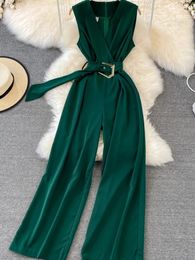 Summer Women Vneck Chiffon Jumpsuits With Belt Office Ladies Retro Rompers Straight Pants Overalls Playsuits Jumpsuit 240424