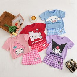 Clothing Sets 2024 Kawaii Summer Children's Short-sleeved Casual Shorts Set Color-coded Cartoon Printed Two-piece Kids Suit For Girl