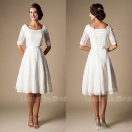 Short Wedding Dresses with Sleeves Modest Vintage 1920s' Lace Knee-length Outdoor Reception Informal Bridal Wedding Dress Budget C 243c