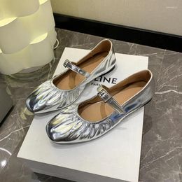 Casual Shoes Ballet Flats Women Leather Shoe Narrow Band Silver Bling Gold Round Toe 2024 Spring Footwear