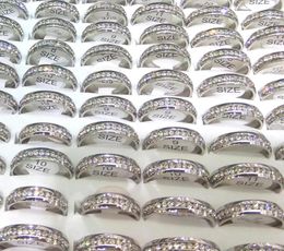50pcs Silver Color Stainless Steel Band Rings 6mm Width Clear Rhinestone Surrounding Mixed Size2005046
