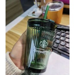 2024SS Designer Joyful Green Glass Cup Transparent Straw Cup Office Table Water Cup Couple Coffee Cup 460ml