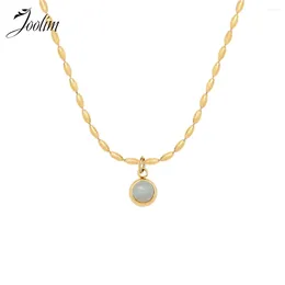 Chains Joolim Jewelry Wholesale Tarnish Free Fashion Elegant Round Jade Mung Bean Pendant Bead Chain Stainless Steel Necklace For Women