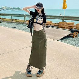 Skirts American Vintage Work Denim Skirt Women's High Waist Button Zipper Pockets Personalized Elastic Drawstring Loose Straight