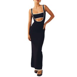 Women Casual Dresses Sexy Cut Out Maxi Dress Backless Contrast Color Sleeveless Party Cocktail Bodycon Long Dresses