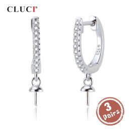 Earrings CLUCI 3 pair Authentic 925 Silver Zircon Hoop Earrings Jewelry for Women Party Sterling Silver Pearl Earring Mounting SE134SB