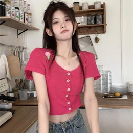 Women's T Shirts Summer Square Necked Knitted Cardigan Fashion Slim Spice Girl Sweet T-shirt Temperament Casual Short Top Street