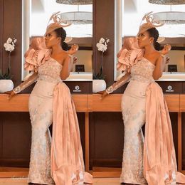 2020 Arabic Aso Ebi Lace Beaded Mermaid Evening Dresses Long Sleeve One Shoulder Prom Dresses Cheap Formal Party Second Reception Gowns 3028