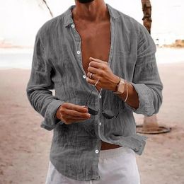 Men's Casual Shirts Cotton Linen Men Lapel Long Sleeve Shirt Tops Pleated Thin Solid Colour Single Breasted V-neck Breathable