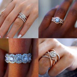 Luxury Female Big Crystal Round Engagement Ring Cute 925 Silver Rose Gold Zircon Stone Ring Vintage Wedding Rings For Women 294z