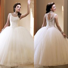 Crystals Beaded Ball Gown White Organza Quinceanera Dresses 2017 Featuring Crew Neckline Capped Sleeve Keyhole Back Girls Prom Dress 208b