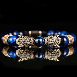 Charm Bracelets New Trend Double Leopard head Handmade tigers-eye Bracelets Accessories Handmade Mens Jewellery Pulseras homme Y240510