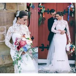 Långärmad höghalsklänningar spetsgolvlängd sjöjungfrun Modest Design Brudklänningar för utomhusbröllop 2019 Custom Made 93 0510