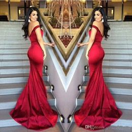 New Arrival Backless Prom Dresses Mermaid Sexy Off-Shoulder Pleats Evening Gowns Sweep Train Cheap Red Formal Celebrity Dress 01 0510