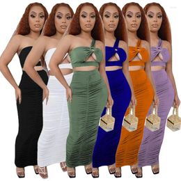 Work Dresses 2024 Ruching Cropped Top And Long Skirt Two Piece Sets Bodycon Cut Out Night Club Partywear Co-ord Outfits Tight Women Suit