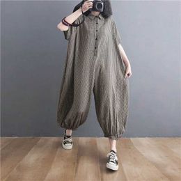 Women's Jumpsuits Rompers Cotton Linen Jumpsuits Casual Summer Polo-neck Plaid Short Slve Korean Fashion One Piece Outfits Women Clothing Loose Rompers Y240510