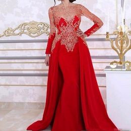 2020 Long Sleeve Mermaid Evening Dresses With Detachable Skirt Lace Beading Sequin Red Arabic Kaftan Formal Gown 194c