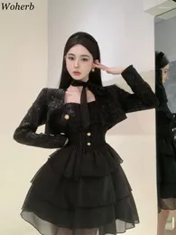 Casual Dresses Woherb Women's Clothing Blazer Dress Suits High-end Autumn 2024 Tweed Coat Organza Poncho Sexy Two-piece