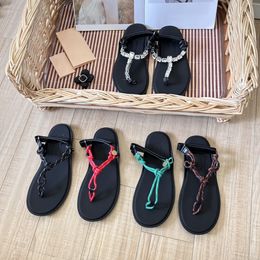 Designer sandal miui summer Women Riviere Slides Sandals fashion Casual rope string Thong sandals Slippers luxury Crystal rhinestone Flat bottom Beach Flip Flops