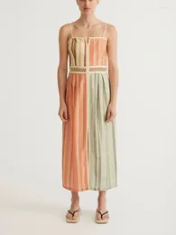 Casual Dresses Spring/summer Linen Colorblocking Print Striped Halter Bodice Women's Dresses2024 Sleeveless Split Chic And Elegant Woman