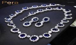 Pera CZ Big Round Cubic Zirconia Bridal Wedding Royal Blue Stone Necklace And Earrings Jewelry Sets For Brides J12613623063