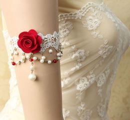 Womens Sexy Handmade Red Flower Rose White Lace Faux Pearl Drop Arm Band Armband Armlet Bracelet Bridal Dance Wedding Fashion5510776