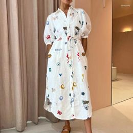 Party Dresses Holiday Casual Lapel Graffiti Print Shirt Dress Women Lace-up Single Breasted Commute Beach Fashion A-Line Cardigan Long