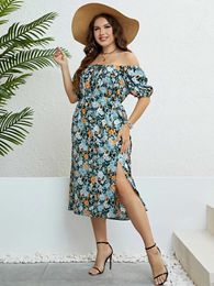 Plus size Dresses Plus Size Floral Print Puff Slve Midi Dress For Women 2024 Summer Boho Holiday Elastic Waist Swt Split Long Dresses Y240510