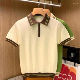 Men's Polos Fashion Striped Patchwork Short Sleeve Tops For Men Casual Turn-down Collar Zip-up Polo Shirts 2024 Summer Slim Shirt