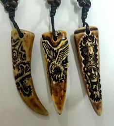 10 pcs Necklace handcarved statue Cool Boy Men039s Imitation Vintage Yak Bone Carved Dragon Hawk Chief Amulet Adjustable Rope 3265910