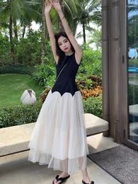 Casual Dresses Summer Women Clothes Mesh Splic Holiday Vacation A-Line Long Dress Elegant Simple Sleeveless Slim Party Prom Robe Femme