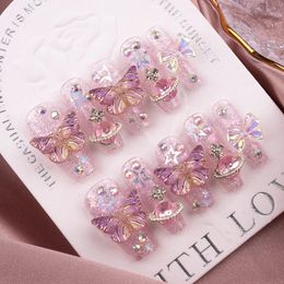 Pretty Butterfly Rhinestone Fake Nails Press Ons Detachable Long Nail Fashion Handmade Full Cover Purple Nail Stickers for Girls 240430