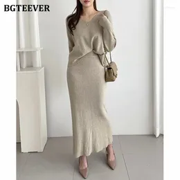 Work Dresses BGTEEVER Autumn Winter Ladies Knitted Skirt Suits Long Sleeve V-neck Pullovers Sweaters Women Package Hip Skirts
