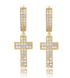 18K Gold Plated Iced Out Cross Earrings Charm CZ Stud Earring Mens Hip Hop Jewellery Gift4916768