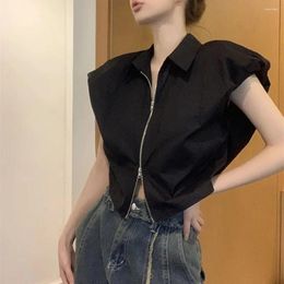 Women's Blouses Polo Collar Sleeveless Shirt Solid Colour Slim Waistcoats For Women Irregular Shoulder Pad Tops Elegant Female Fashion Blouse