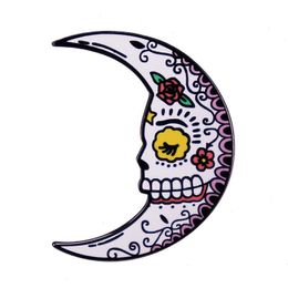 Halloween Sugar Skull Moon Brooch Beautiful Flowers face Crescent Pin badge Mexico Day dead Gothic Jewellery