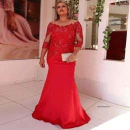 Elegant 2020 Red Mermaid Mother Of The Bride Dresses Sheer Neck Three Quarter Sleeve Beading Formal Gown Satin Long Prom Dress Q62 0510