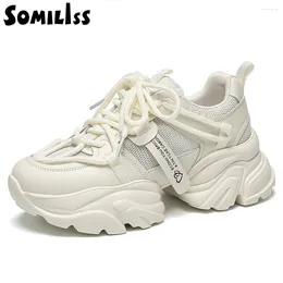 Casual Shoes SOMILISS Women Chunky Sneakers Genuine Leather Mesh Round Toe Lace Up Ladies Platform Breathable Spring Summer